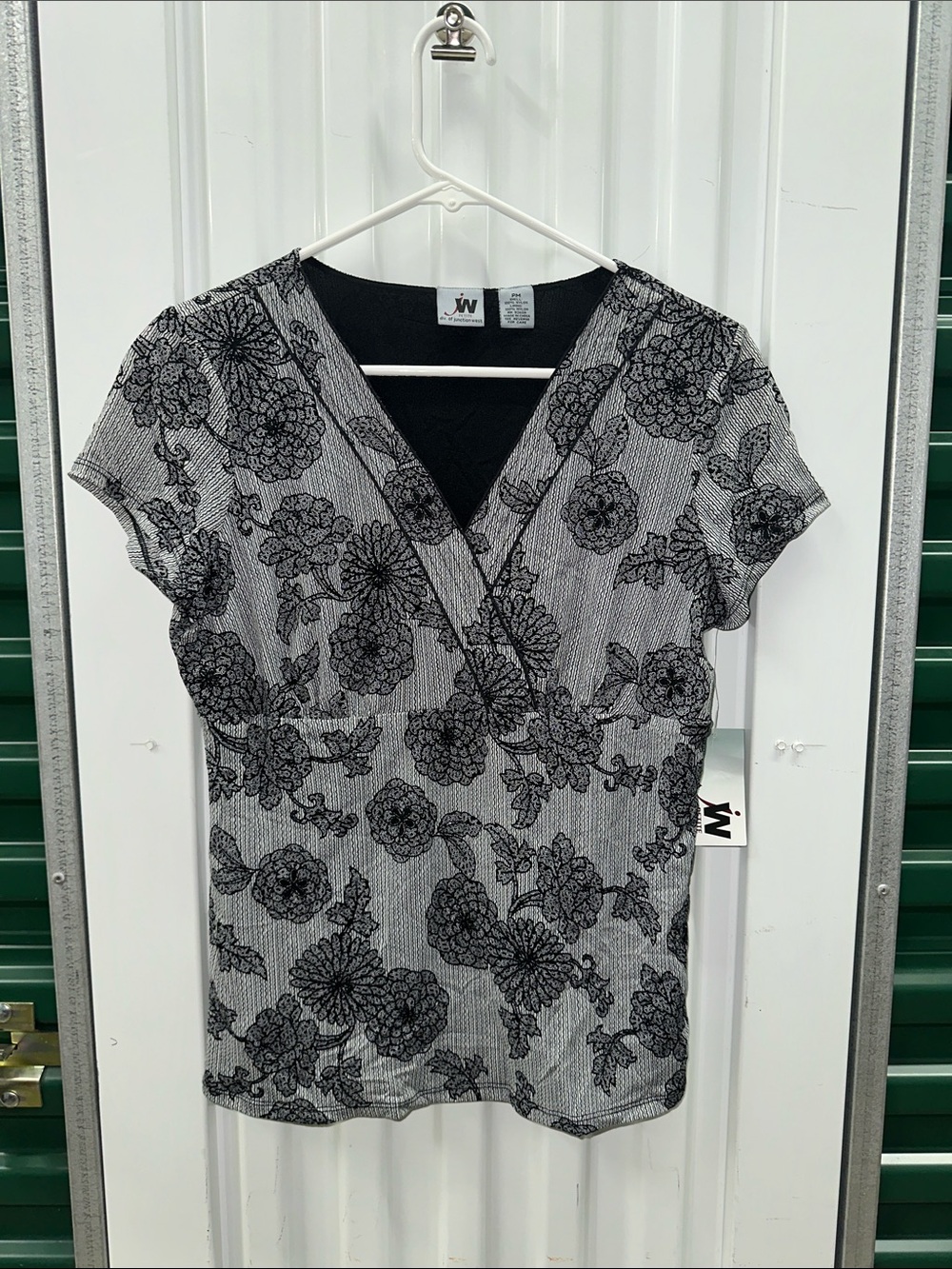 JW Black Floral Surplice Short Sleeve Blouse